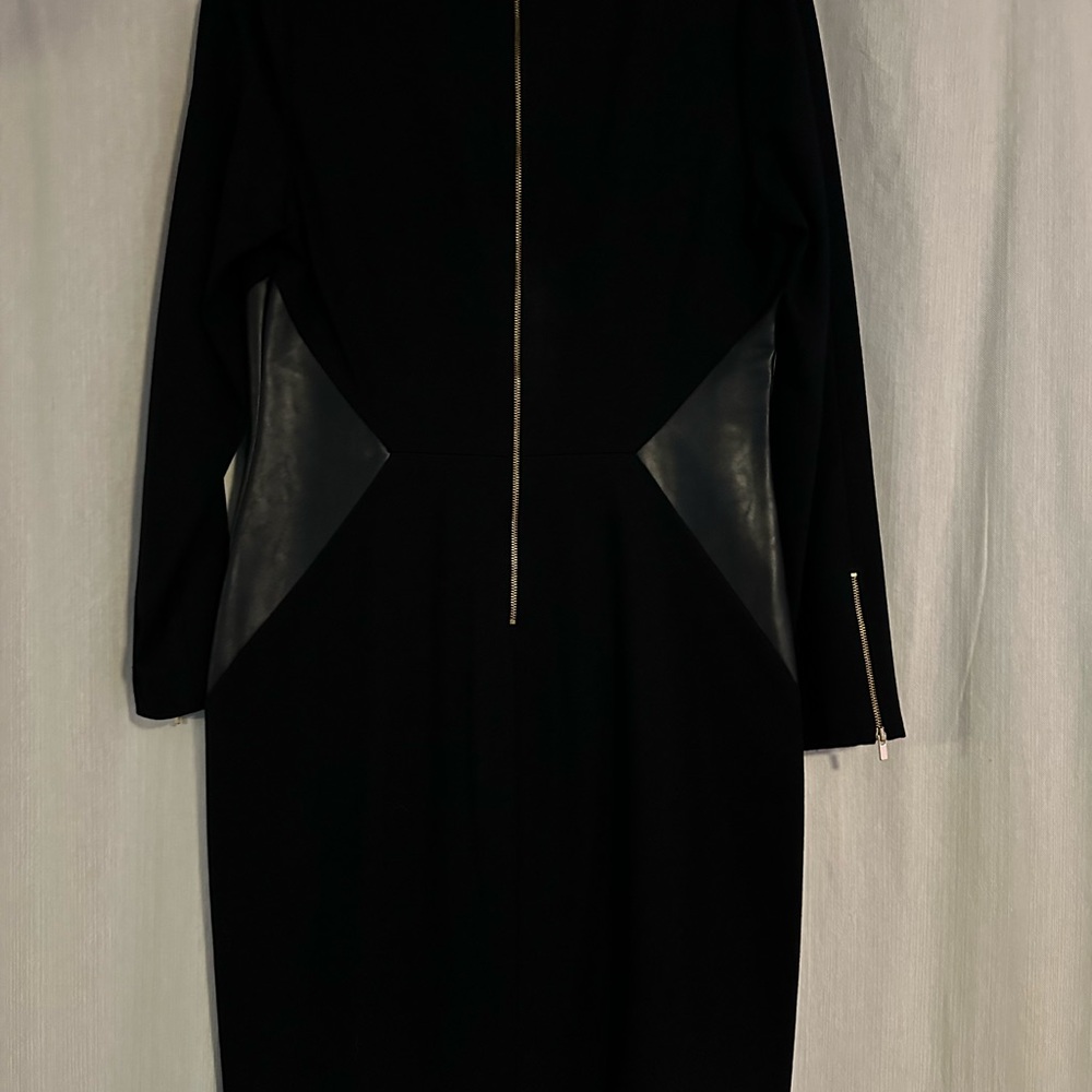 Black Banana Republic dress with gold hardware and vegan leather accents